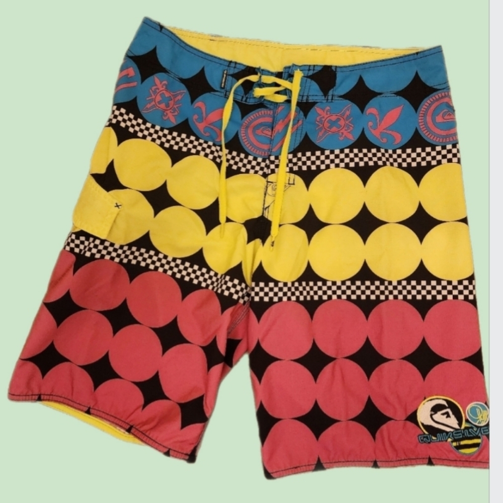Quiksilver Y2K Board Shorts Bright Geometric Colorblock Surf Swim Trunks Men